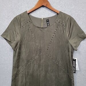 DESIGN LAB Lord & Taylor Olive Faux Suede Shift Dress CutoutDesign Boho Sz L NWT